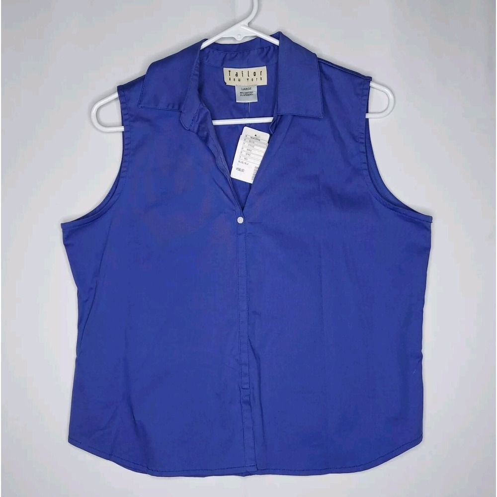 Tailor New York Sleeveless Popover Crop Top Women Large Blue Stretch Collar